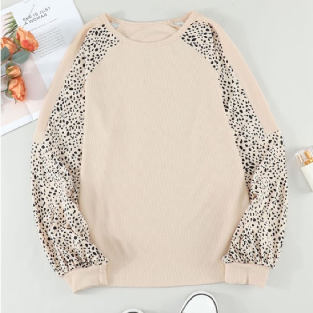 *Last One* Plus Size Cream Ribbed Top w/ Leopard Print Balloon Sleeves, 2X - Picture 8 of 14